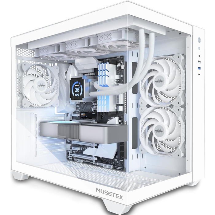 MUSETEX Y6 ігровий ATX корпус для ПК, білий, 270° огляд, загартоване скло, підтримка радіатора 360 мм, 3 встановлені вентилятори, Type-C