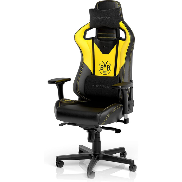 Ігрове крісло noblechairs Epic Borussia Dortmund, ергономічне, офісне, з підголівником і поперековою підтримкою, PU-шкіра, чорне/жовте, для користувачів до 120 кг і зросту до 185 см