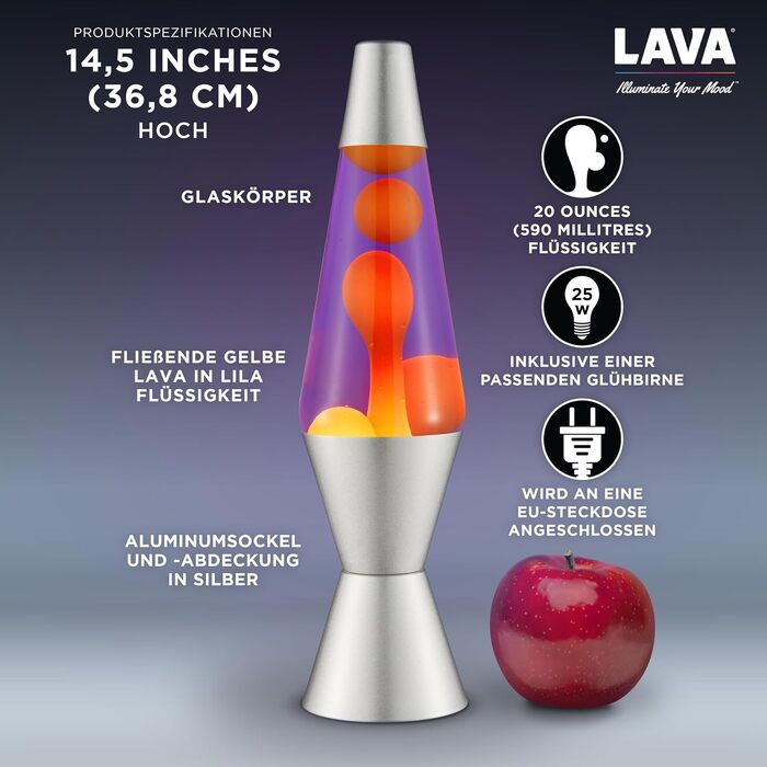 Лавова лампа LAVA® 2125 (36.8 см) — жовтий віск, фіолетова рідина, срібляста основа та кришка, оригінальна декоративна лампа руху