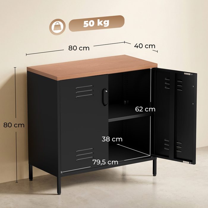 Металевий комод-біккомід, 80x40x80 см, індустріальна шафа для зберігання з 2 дверцятами та регульованою полицею для вітальні та офісу, чорний