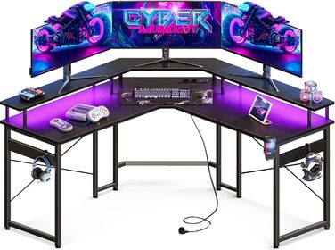Ігровий стіл ODK з LED підсвіткою, 2 розетками та 2 USB, кутовий комп'ютерний стіл з великою полицею для монітора, чорний