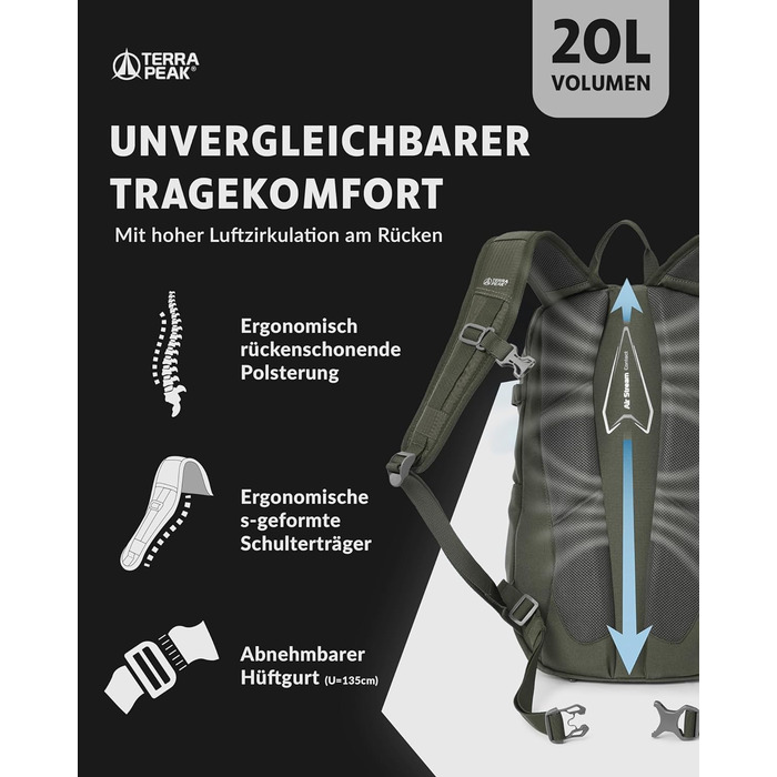 Рюкзак Terra Peak Flex 20L преміум, оливковий – туристичний рюкзак з вентиляцією спини, питною системою, дощовиком, 3D Air Mesh поліестер, поясом, для трекінгу та подорожей