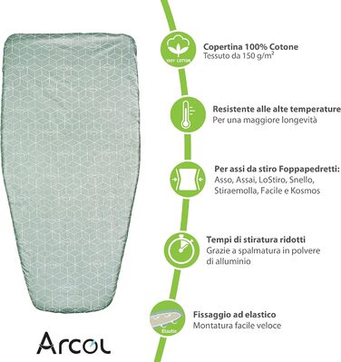 Чохол для прасувальної дошки ARCOL, сумісний з Foppapedretti, запасний чохол із гумкою, 100% бавовна, зелений, сучасний принт, виготовлено в Італії