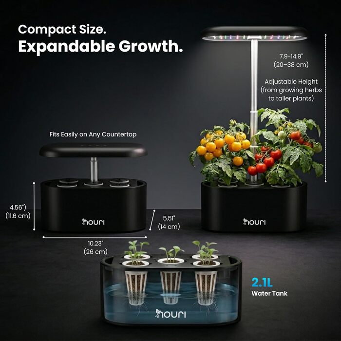 Nouri Smart Garden 12 Pod: Гідропонна система для вирощування томатів та трав вдома з LED-підсвіткою та додатком