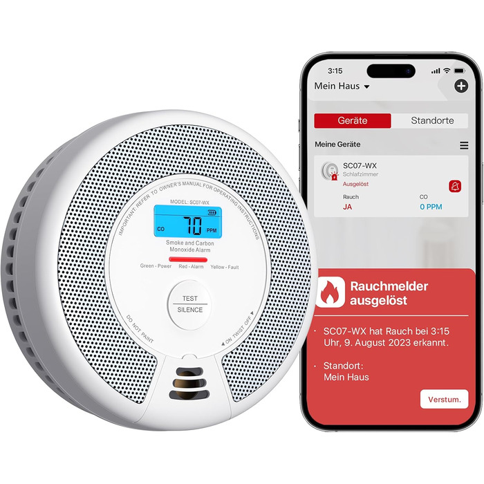 Датчик диму та CO X-Sense SC07-WX з Wi-Fi, з змінною батареєю, сумісний з додатком X-Sense Home Security, 1 шт.
