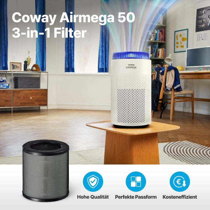 Очищувач повітря Coway Airmega 50 для дому та спальні, HEPA-фільтр від алергенів, пилу та шерсті тварин, CADR 244 м³/год, нічний режим 20 дБ, сертифікація ECARF