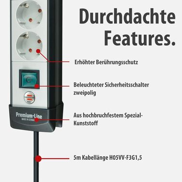 Мережевий фільтр Brennenstuhl Premium-Line на 4 розетки, 5м, з вимикачем, настінний монтаж, Німеччина, чорний/сірий