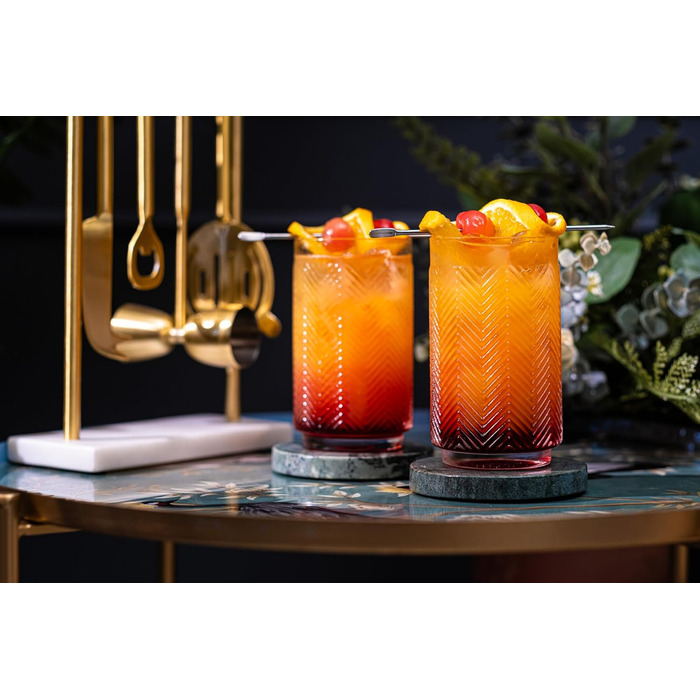 Набір склянок GLASSIQUE CADEAU Vintage Flamingo для коктейлів, 340 мл, 4 шт – кришталеві лонгдрінк та хайбол для Мохіто, Кайпірінья, тропічних і тіки коктейлів