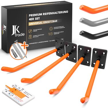 Набір кріплень для шин на стіну JK Trade® (4 шт.) з комплектом гвинтів та дюбелів. Захист для коліс, гачок для кріплення шин, садового інвентарю, легкосплавних дисків. Макс. навантаження 40 кг (Помаранчевий V1)
