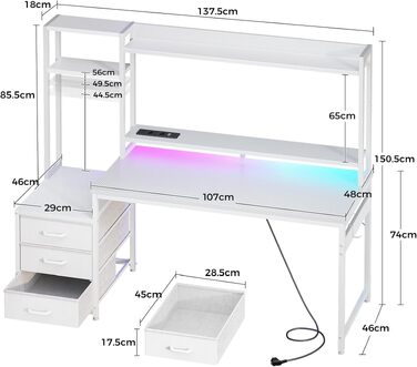 Ігровий стіл Coleshome з LED-підсвіткою, розеткою, полицями та шухлядами 137x48 см (Білий карбон)