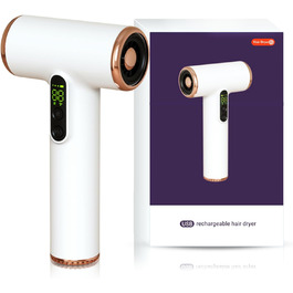 Портативний акумуляторний фен Bewinner Pro 200W, 3 швидкості та 3 температури, бездротовий фен для волосся з цифровим дисплеєм, для жінок, для подорожей та кемпінгу, білий