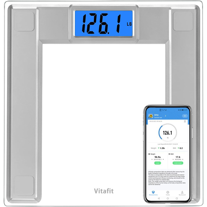 Смарт-вага Vitafit 250 кг, електронна вага для людей з вимірюванням ваги та ІМТ, Bluetooth, синхронізація з додатком, 8 мм загартоване скло, широка платформа, срібляста