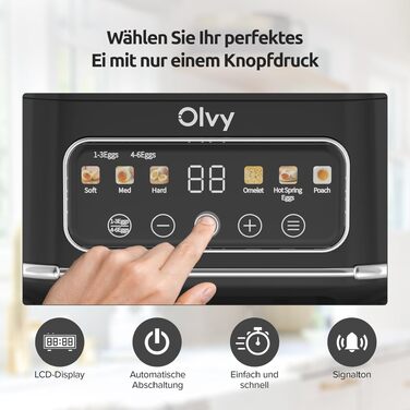 Електричний відварювач яєць Olvy з LCD-таймером на 6 яєць, чорний — пароварка для сніданків, що миється в посудомийній машині
