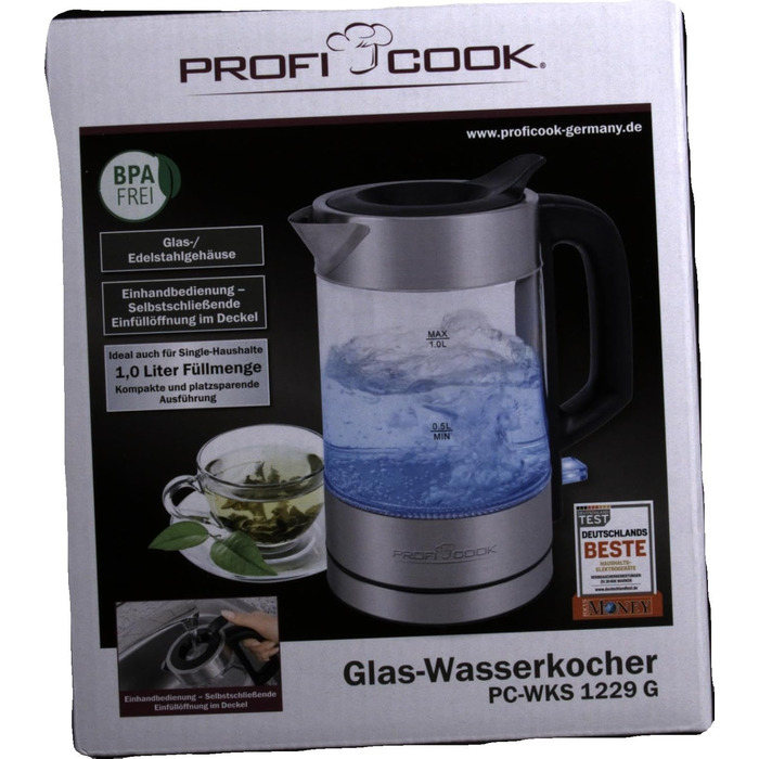 Електрочайник ProfiCook скляний з підсвіткою, 1 л, 1600 Вт, нержавіюча сталь, з індикатором рівня води та одною рукою управління