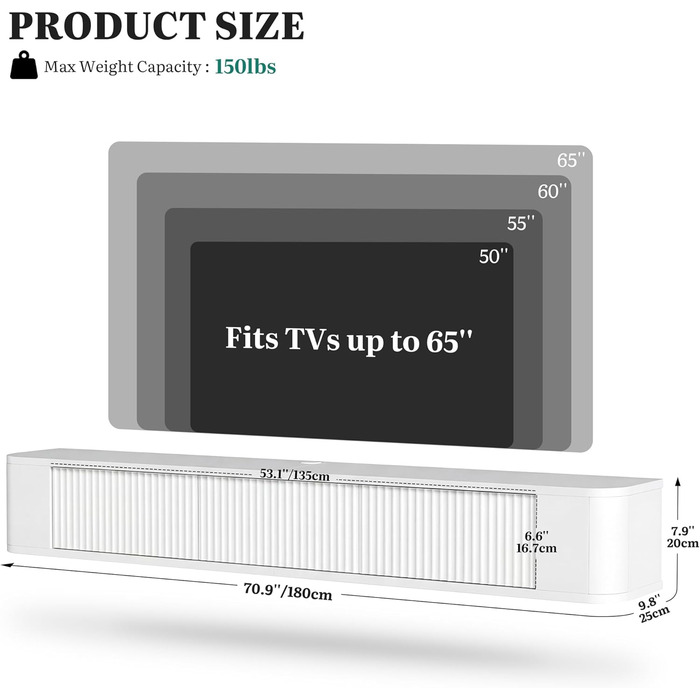Підвісний TV-тумба YITAHOME 140 см з RGB LED підсвіткою, біла глянцева медіаконсоль для вітальні та спальні (180x25x20 см)