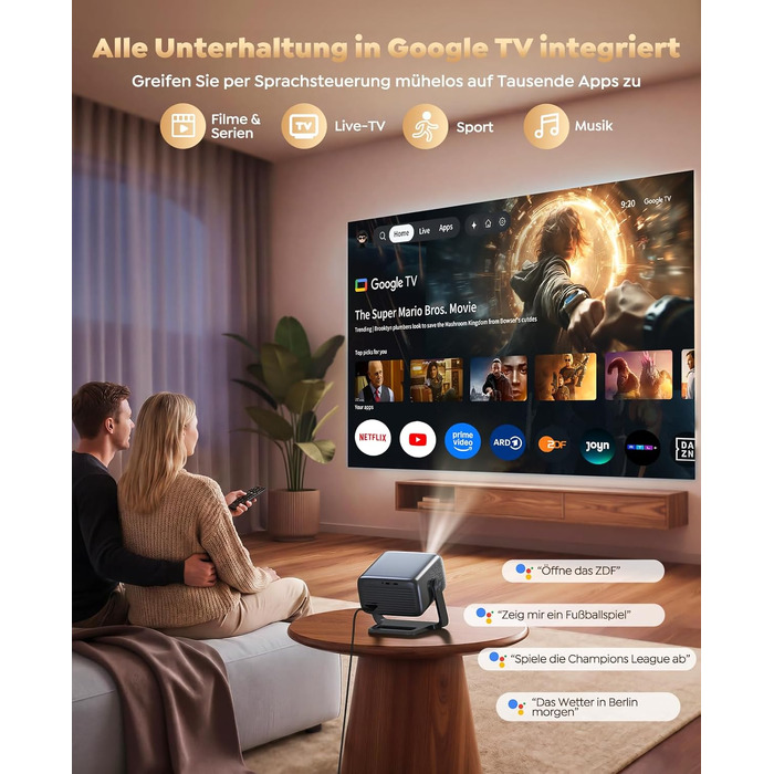 Smart Beamer 4K з Google TV та Bluetooth: LED проєктор для дому та вулиці з автофокусом, HDR10, WiFi, 360° обертання, підтримка HDMI