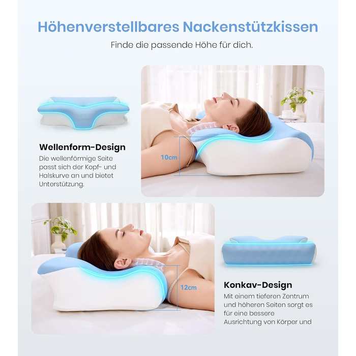 Ортопедична подушка з піни Memory Foam 2-в-1 для сну на боці, спині та животі, 60x41.5x10/12 см (Біло-синя)