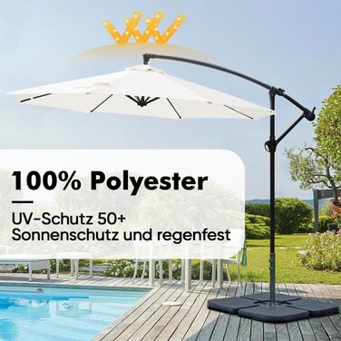 Сонячна LED парасоля Sekey 300 см для саду, кремова, з УФ-захистом 50+, на сонячних батареях, міцна та стійка
