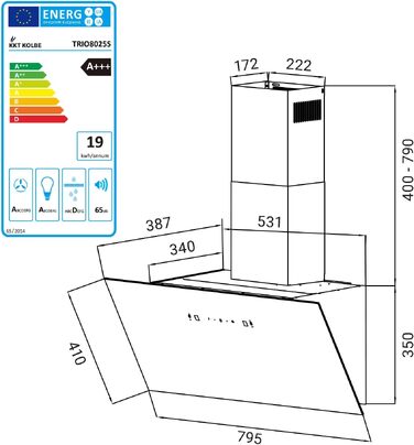 Витяжка кухонна KKT KOLBE TRIO8025S 80 см, чорне скло, продуктивність 782 м³/год, керування жестами та SensorTouch, LED-підсвітка, режим рециркуляції та відведення