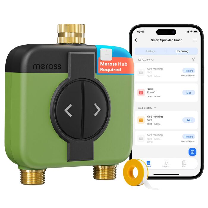 Meross Комп'ютер для поливу WiFi 2 виходи | Автоматичний полив, датчик дощу, моніторинг витрати води | Сумісний з Apple Home, Alexa, Google Home