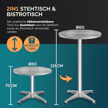 Столик Casaria® 2in1: регульована висота, складний, Ø 60 см, алюміній, для вулиці та дому