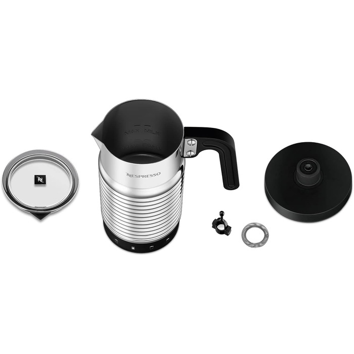 Електричний спінювач молока Nespresso Aeroccino 4, 120 мл кремової пінки, 240 мл гарячого молока, підходить для посудомийної машини, сріблястий
