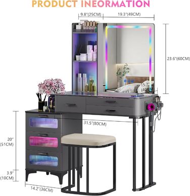 Туалетний столик з підсвіткою RGB, LED дзеркалом, табуретом, 6 шухлядами, скляною стільницею, тримачем для фену, USB Type-C, чорний