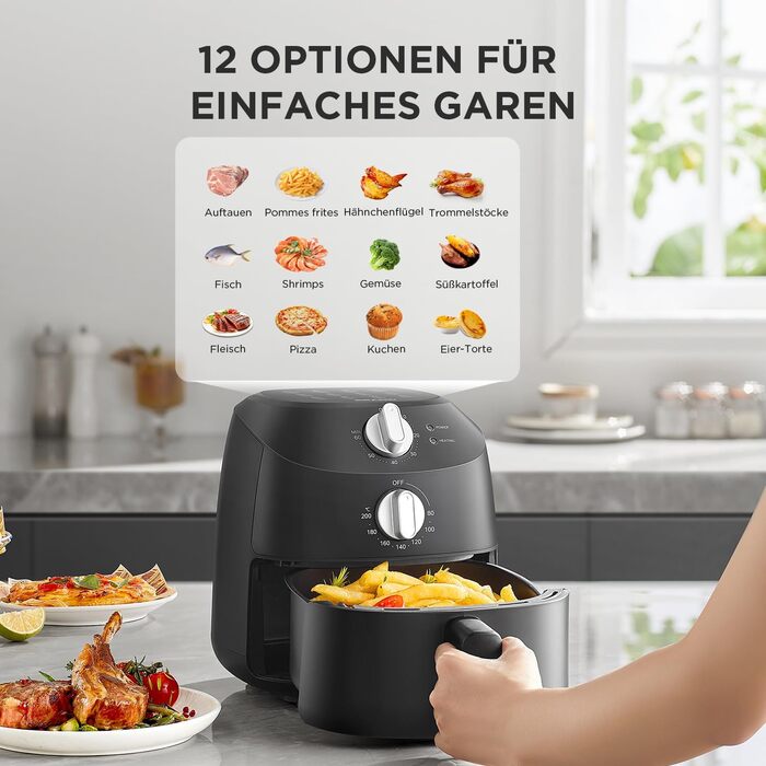 Фритюрниця без олії Midea 2L, 1150W, Airfryer, автоматичне вимкнення, легко чистити, BPA-free, чорний