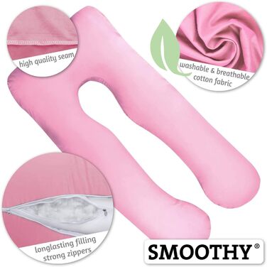 Подушка для вагітних SMOOTHY XXL U-подібна, для сну на боці, знімний чохол з 100% бавовни, 150x80 см, рожева