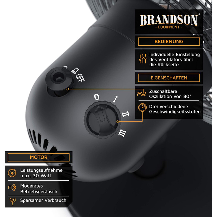 Вентилятор настільний Brandson мідний, 3 швидкості, з коливанням 80°, металевий корпус, чорний матовий