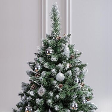 Штучна ялинка FAIRYTREES сосна 220 см, білий засніжений ефект, ПВХ, з натуральними шишками та дерев'яною підставкою