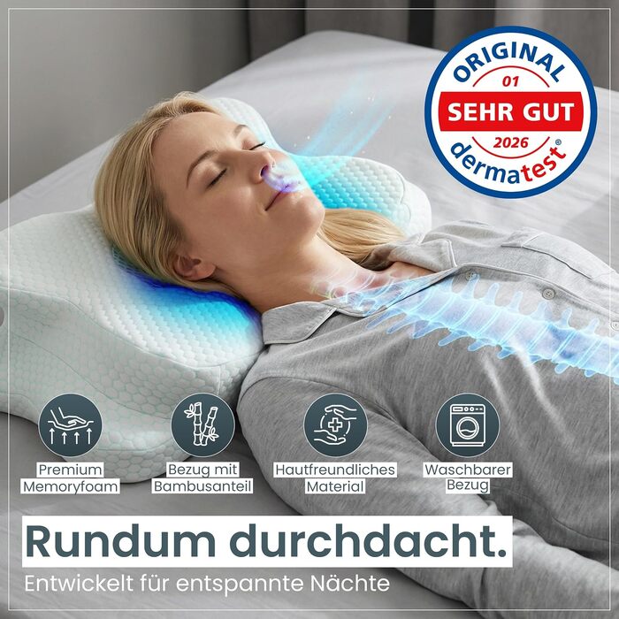 Ергономічна подушка для шиї та голови Gentle North з ефектом пам'яті (Memory Foam), для сну на боці, спині та животі, зі знімним чохлом, 61x40x12 см, синя