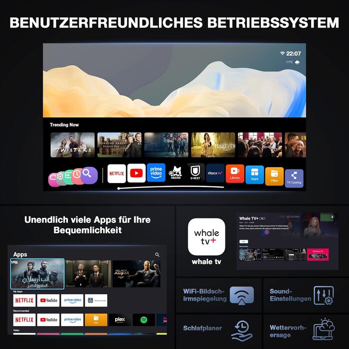 Smart Beamer VOPLLS 1080P Full HD WiFi 6 Bluetooth: Міні-проектор для дому та вулиці, 800 ANSI лм, автофокус, корекція трапеції, чорний
