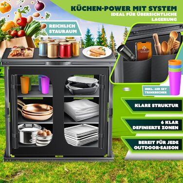 Кемпінгова кухня KESSER®: розкладний шафка 84x80 см з алюмінієвим каркасом, 6 відділень (вкл. набір з 4 кухлі), бокові кишені та москітна сітка. Чорний, з UV-стійкої тканини.