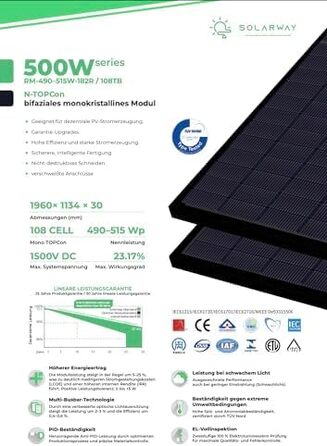 Двостороння сонячна панель Solarway Full Black Bifacial Glass/Glass n-type 500 Вт для балкона