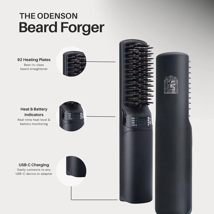Odenson Beard Forger: бездротова нагрівальна щітка для бороди – 4 температурні режими, портативна, акумуляторна
