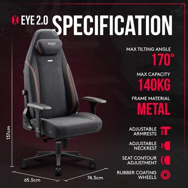 Ігрове крісло Diablo X-Eye 2.0 тканинне, ергономічний офісний стілець з магнітним підголівником, регульованими підлокітниками та спинкою, навантаження до 140 кг, Soft Black, Normal Size