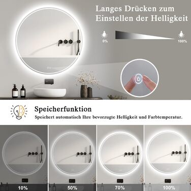 LED-дзеркало для ванної кімнати з підсвічуванням, кругле, 50 см, сенсорне керування, регулювання яскравості, функція пам'яті, дзеркало з HD-скла, захист від вибуху, запобігання запотіванню, 3 кольори світла, 60x60 см
