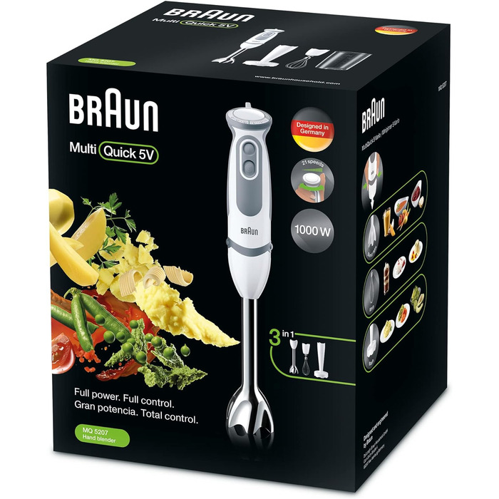 Блендер Braun MultiQuick 5 Vario MQ 5207WH, 1000 Вт, з насадками, нержавіюча сталь, білий/сірий