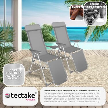 Алюмінієві шезлонги tectake® 2 шт, садові лежаки з 5-позиційною спинкою, складані, з підніжкою та подушкою для голови, для саду, кемпінгу, балкона