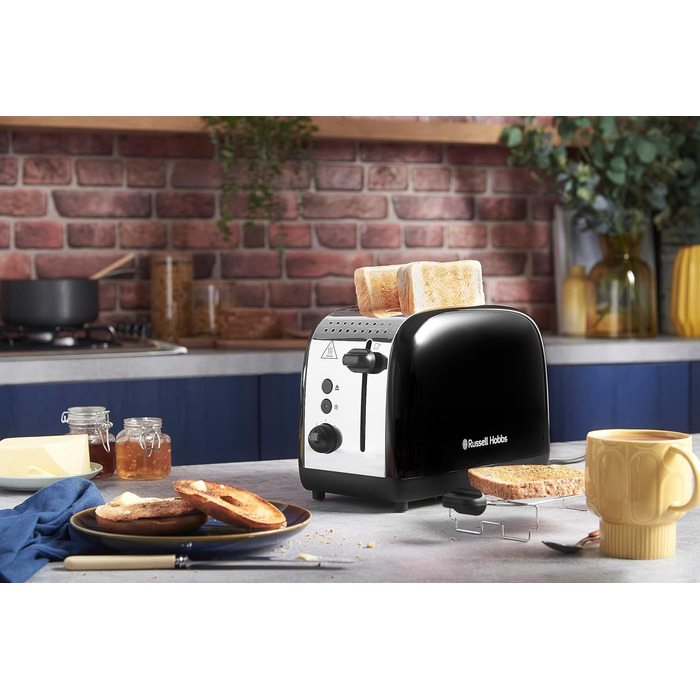 Тостер Russell Hobbs Colours Plus Edelstahl на 2 тости, чорний - з підставкою для булочок, 6 режимів підсмажування, розморожування, функція Lift & Look, 1600 Вт