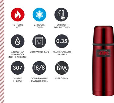 Термос-пляшка Thermos Light & Compact 0,35 л, нержавіюча сталь, червоний, ізольована, з кришкою-чашкою, тримає тепло 12 годин, холод 24 години, герметична, BPA Free, можна мити в посудомийці