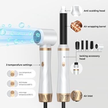 UMIGA Airstyler 5-в-1: Фен-щітка, випрямляч, плойка, об'ємна щітка для волосся 1000W, 3 режими нагріву, рожево-білий