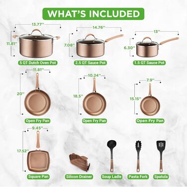 Набір каструль і сковорідок NutriChef 14 предметів для індукції, антипригарний, з нержавіючої сталі та алюмінію, без PFOA/PFOS, універсальний кухонний посуд преміум-якості, золотий колір