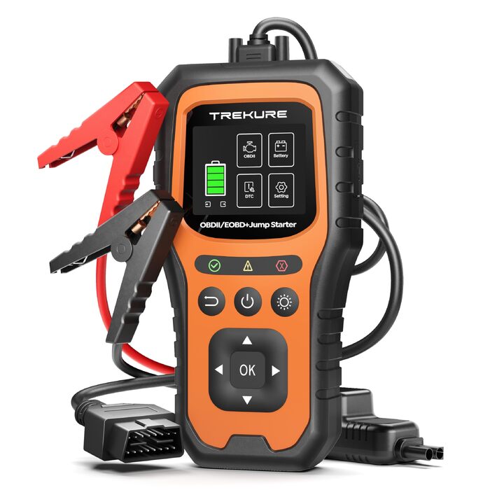 Бустер для авто TREKURE 7000A: Пусковий пристрій 12V з тестером акумулятора та OBD2 діагностикою для бензинових та дизельних двигунів до 10.0L, з LED-ліхтарем