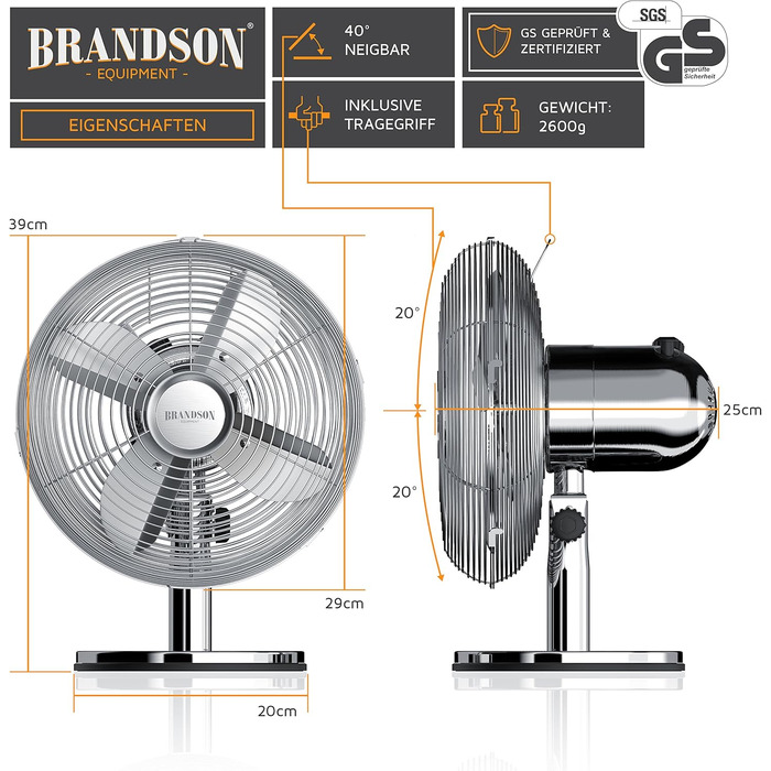 Вентилятор настільний Brandson мідний, 3 швидкості, з осциляцією 80° та нахилом 40°, металевий корпус