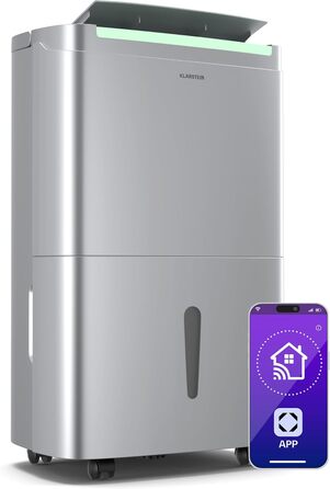 Електричний осушувач Klarstein DryFy 20L - 400W, 20л/день, 5л бак, 46dB, Auto-Swing, таймер, режим сушіння білизни, для дому та офісу, білий (40л, нержавіюча сталь)