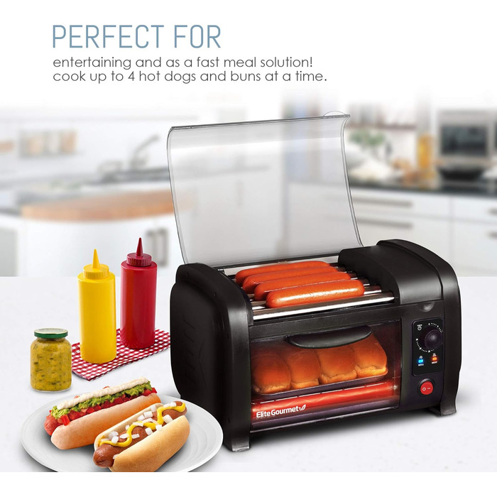 Тостер для хот-догів Elite Cuisine EHD-051B, 30-хвилинний таймер, сталеві нагрівальні ролики, піддон для крихт, 4 булочки, чорний, серія World Series Baseball
