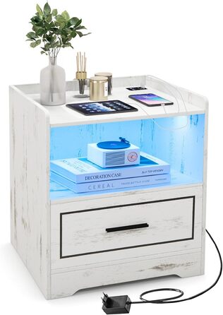 Тумба приліжкова GIANTEX з LED підсвіткою, 3 кольори, рухомий датчик, USB і Type-C зарядка, білий шеббі, 1 шухляда