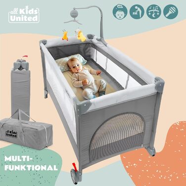 Дитяче ліжко-манеж All Kids United® для подорожей з матрацом, пеленальним столиком, музичним провідником та мобілем (сірий)